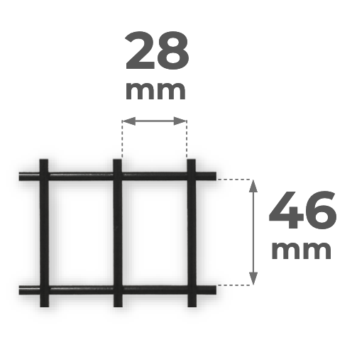 28x46 mm, the mesh opening size of Satech AdaptaGuard frameless panels