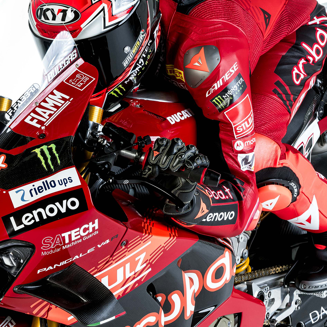 Close-up of the Panigale V4R motorbike by Ducati featuring the Satech logo in a prominent position