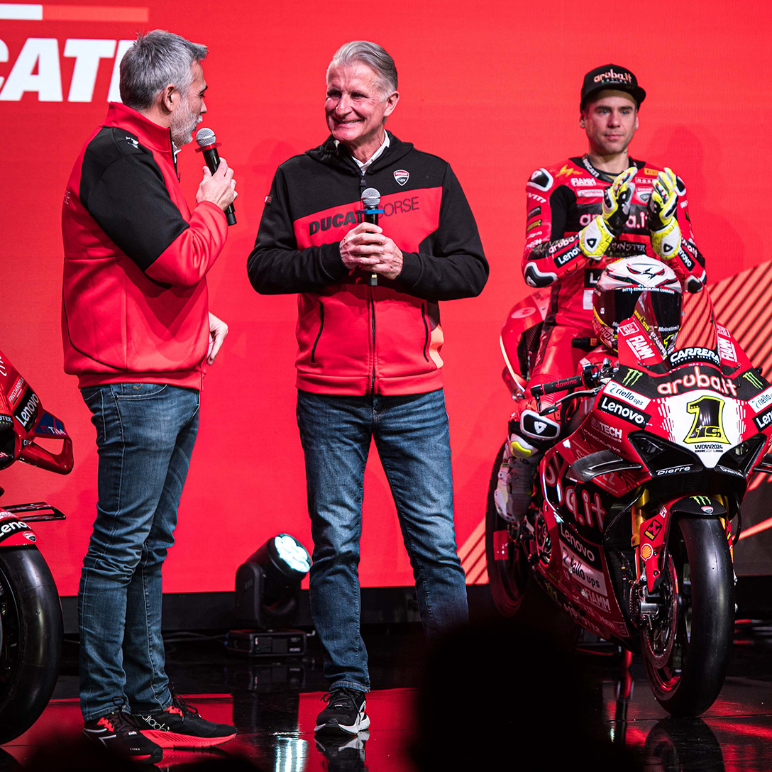 Members of the Ducati technical staff talking during the Campioni in Pista 2024 event held in Madonna del Campiglio (Italy)