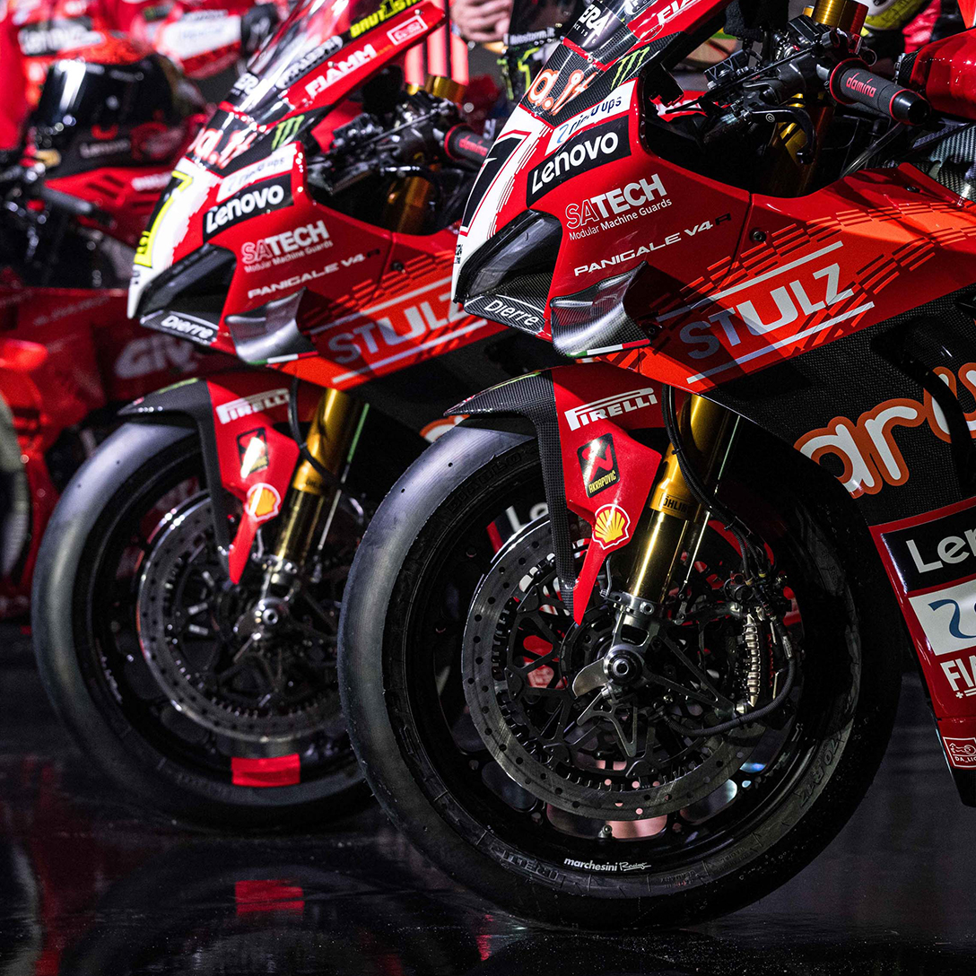 Close-up of the Ducati Panigale V4R motorbikes featuring the Satech logo in a prominent position