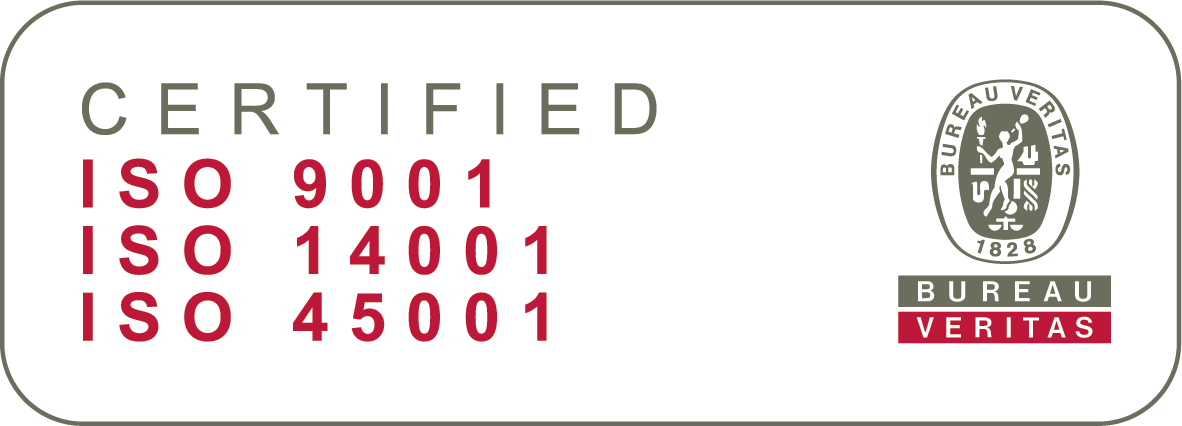 Logotipo colorido das Certificações ISO 9001, ISO 14001 e ISO 45001 adquiridas pela Satech