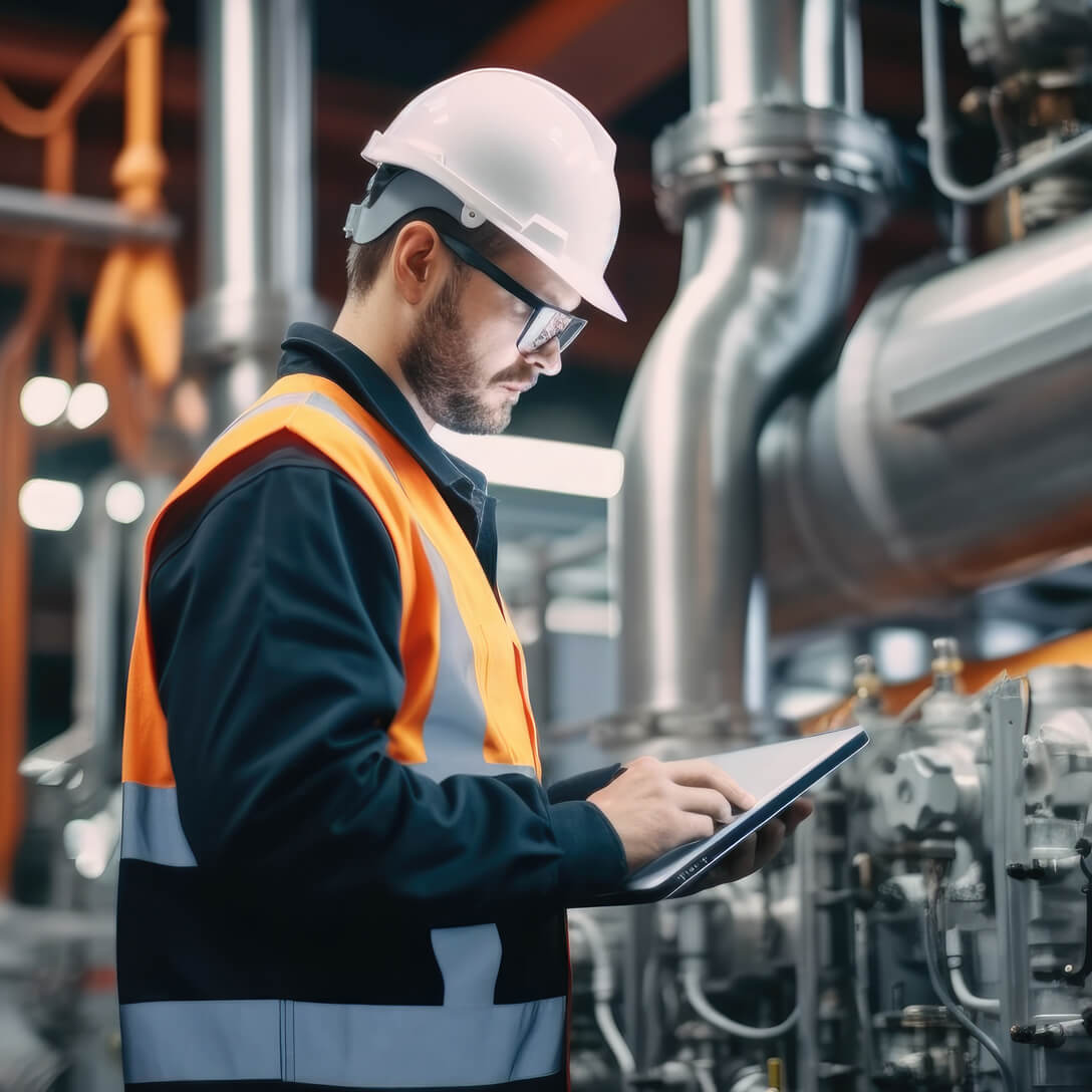 Primo piano di ispettore con tablet all'interno di stabilimento industriale produttivo
