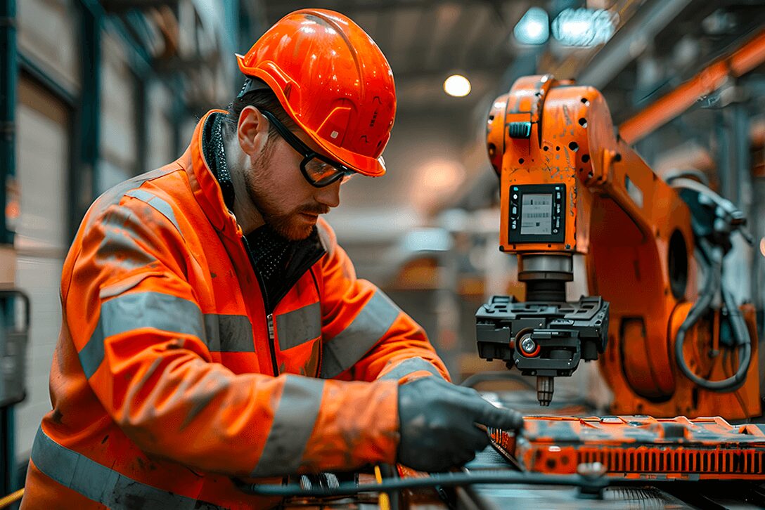 Fotografia di Operatore in contesto industriale in azione con un macchinario