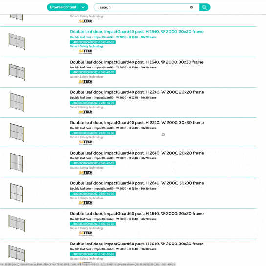 Schermata della Selezione Prodotti e Sistemi Satech dentro TraceParts
