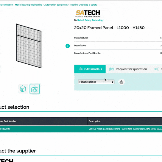 Immagine animata della selezione formati file per esportare la Libreria 3D delle Protezioni Perimetrali Satech su TraceParts