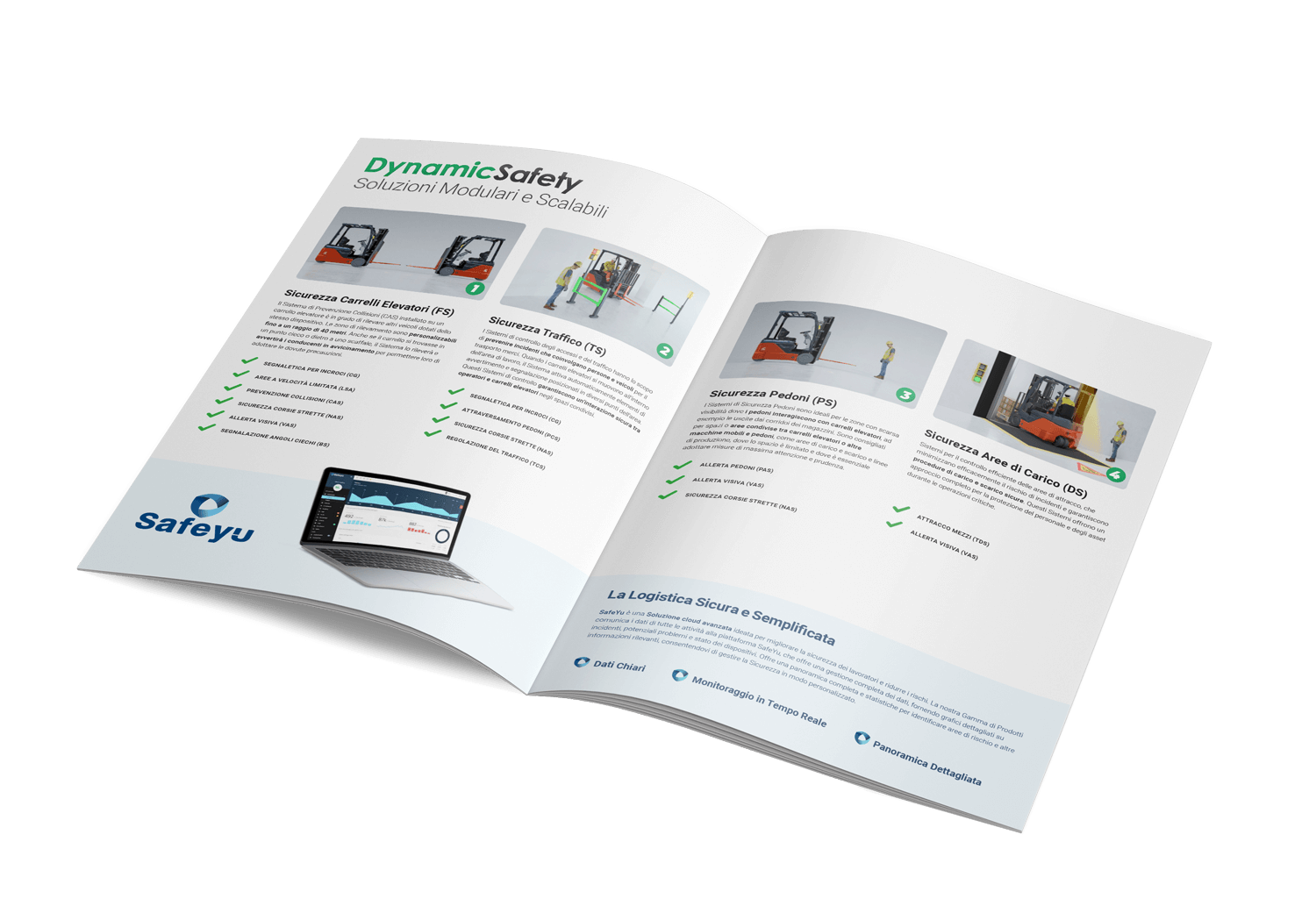 Foto della brochure generale di DynamicSafety, la linea di Soluzioni di Sicurezza Attiva di Satech per i magazzini logistici