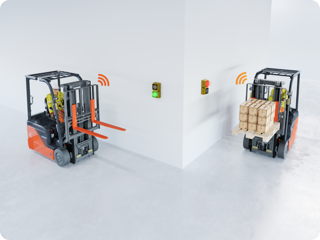 Immagine di un radar DynamicSafety in azione per prevenire la collisione tra due carrelli elevatori all'angolo di una corsia