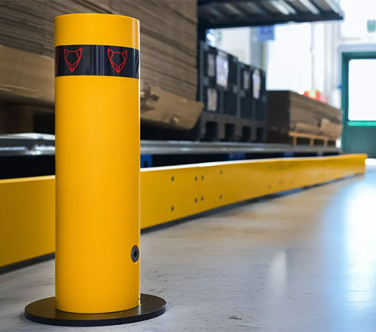 Primo piano di bollard in polimero davanti a guardrail antiurto - linea Satech EASYFIT