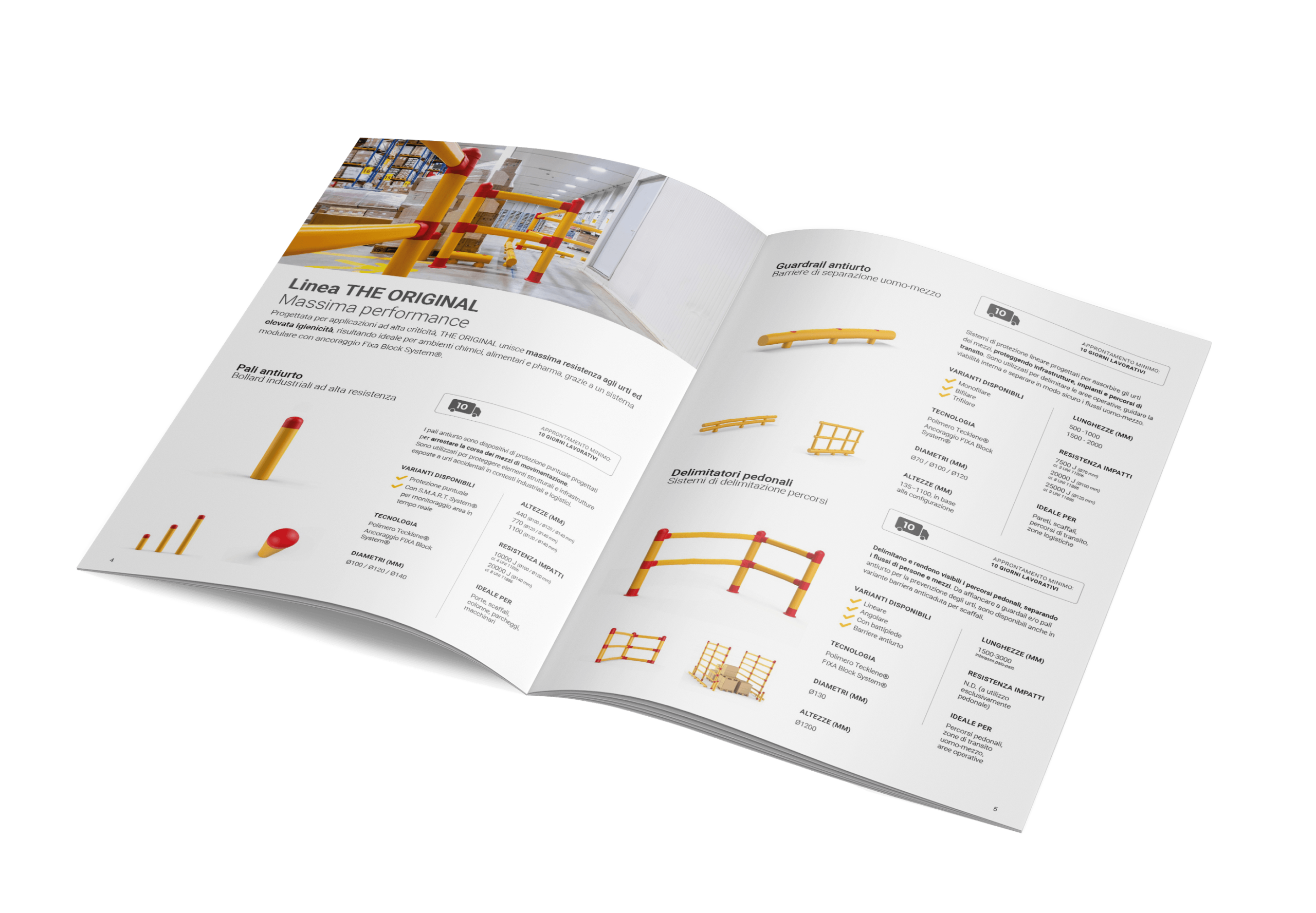 Due pagine della brochure dedicata alle Barriere Antiurto Industriali Satech